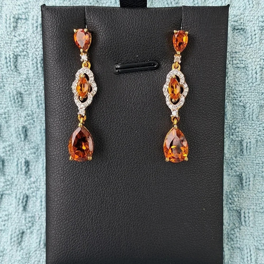 Madeira Citrine & White Zircon Dangle Earrings - Picture 1 of 7
